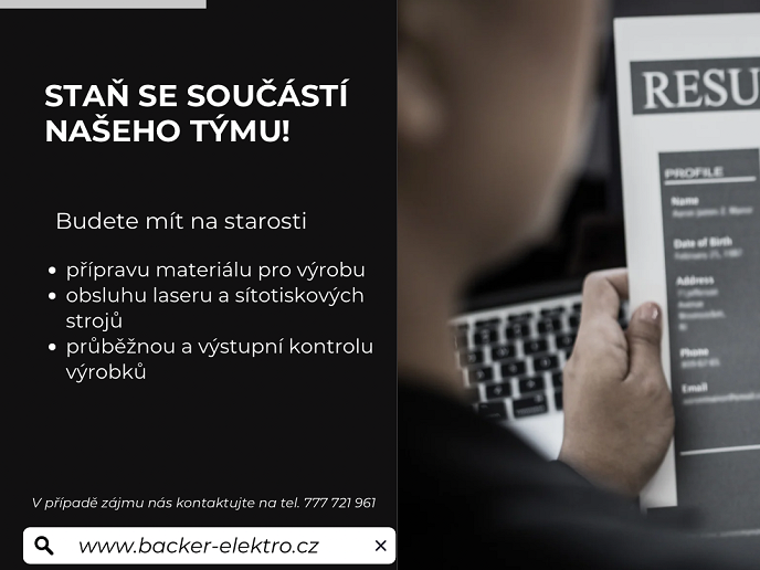Naše společnost Backer Elektro CZ a.s. hledá nového kolegu na pozici SÍTOTISKAŘ