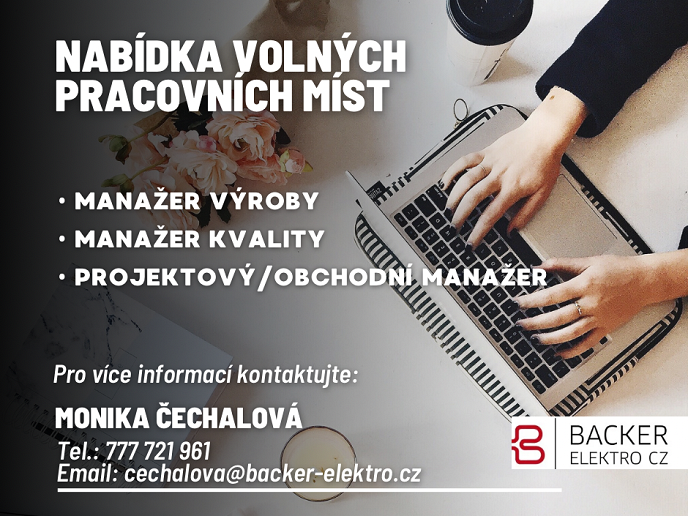 Společnost Backer Elektro CZ a.s. nabízí volná pracovní místa