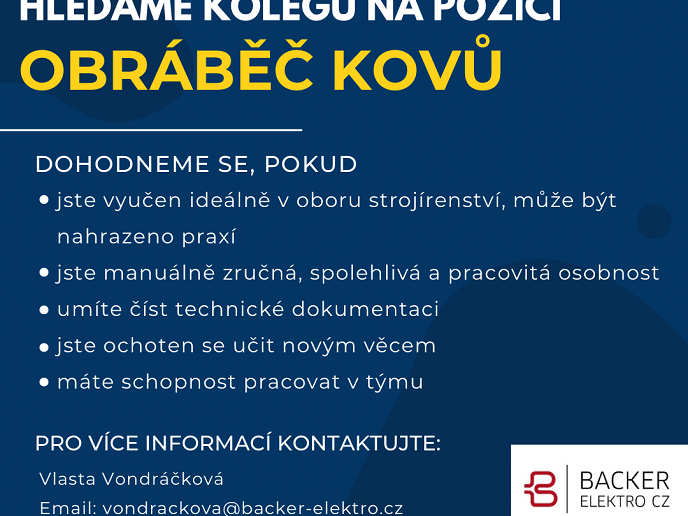 Hledáme šikovného kolegu konkrétně na pozici Obráběč kovů