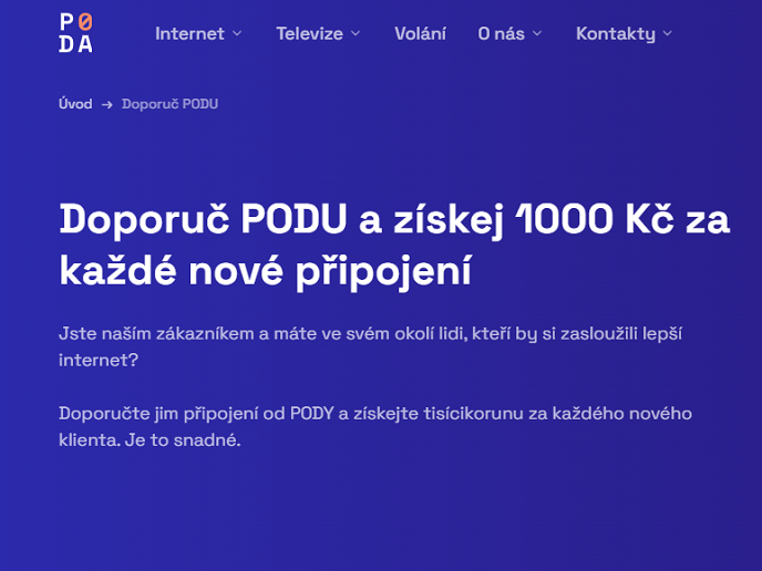 Doporuč internet od PODY a získej 1000 Kč za každé nové připojení